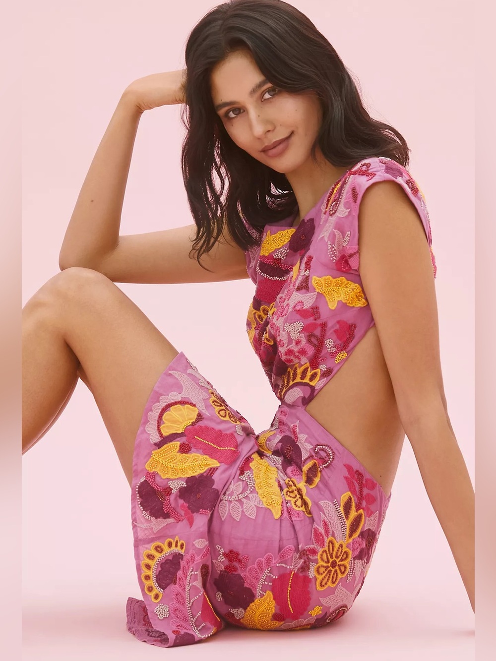 Anthropologie Maeve Pink Floral Embroidered Beaded Cutout Mini Dress Womens 10 - Picture 2 of 16
